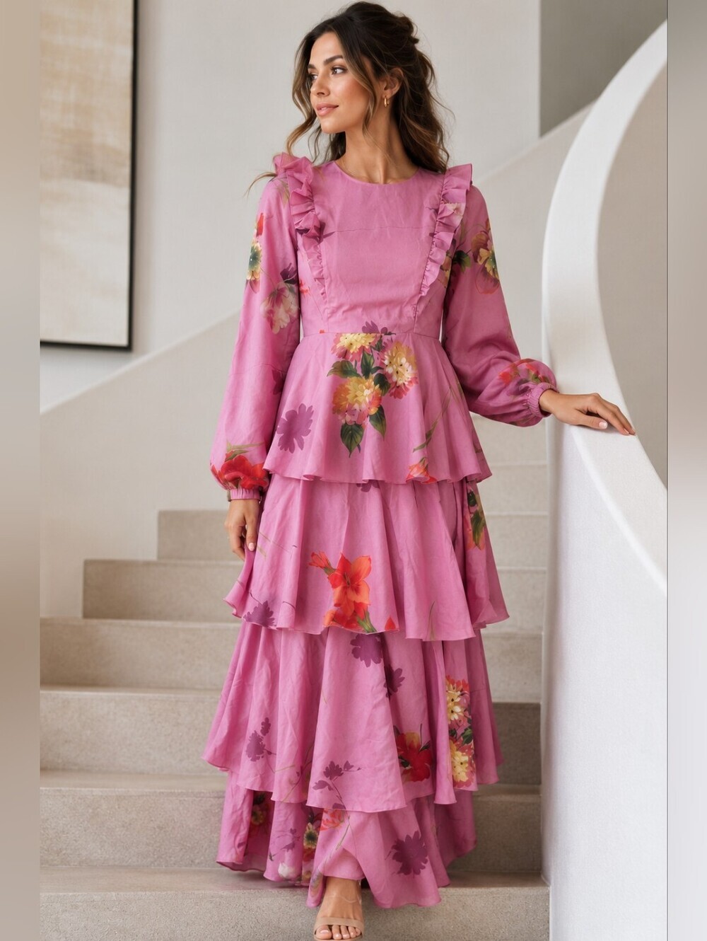 Annah Hariri Pink Floral Tiered Maxi Dress Size 10 Romantic Ruffle Cottagecore